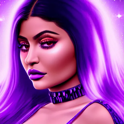 Prompt: portrait kylie jenner as a princess of amethyst, glowing, ornate and intricate purple jewelry, jaw dropping beauty, glowing background lighting, purple accent lighting, hyper detailed, fairy tale, 4 k octane render