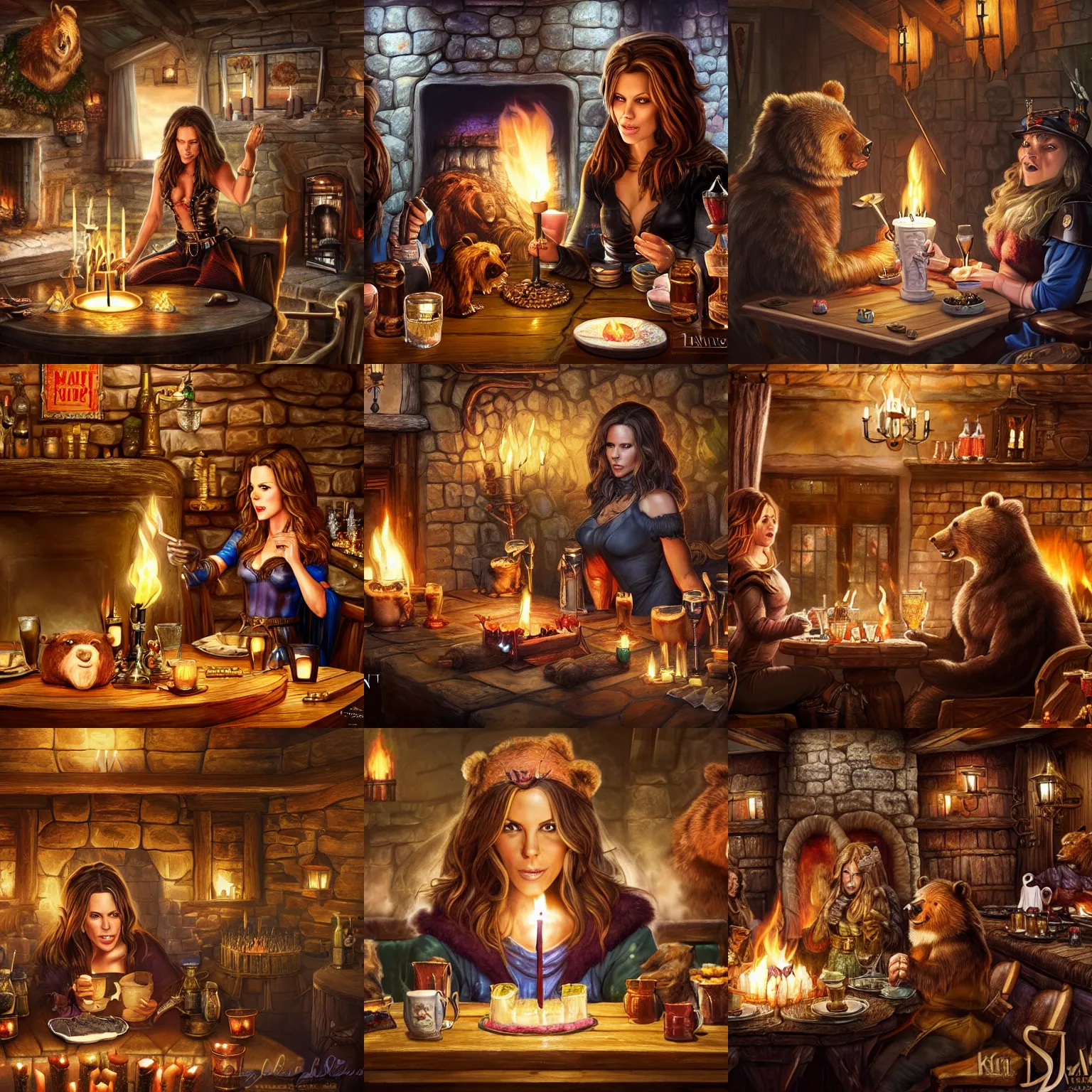 Prompt: kate beckinsale blow out the candles, sit in fantasy tavern near fireplace, behind bar deck with bear mugs, medieval dnd, colorfull digital fantasy art, 4k