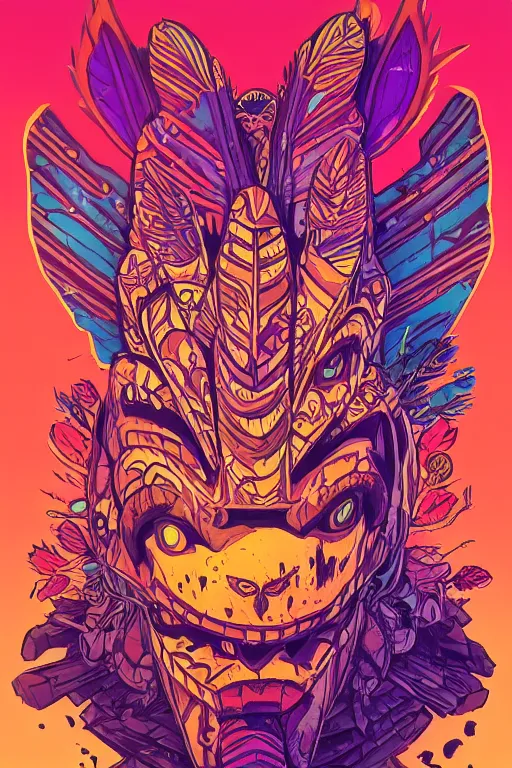 Image similar to totem animal tribal chaman vodoo mask feather gemstone plant wood rock video game illustration vivid color borderlands by josan gonzales and dan mumford radiating a glowing aura