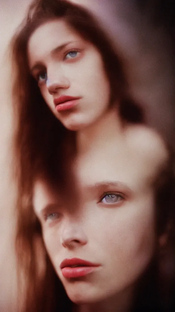 Image similar to a hyper realistic and detailed head portrait photography of a young French woman by Dan Colen. Neo noir style. Cinematic. torch lights and glow in the background. Cinestill 800T film. Lens flare. Helios 44m