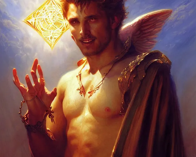 Image similar to attractive male deity, casting demonic magic, summoning handsome lucifer morning star. highly detailed painting by gaston bussiere, craig mullins, j. c. leyendecker 8 k