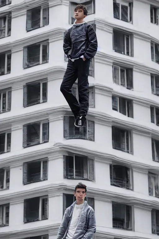 Image similar to un ultra high definition studio quality photographic art portrait of a young man standing on the rooftop of a british apartment building wearing soft padded silver pearlescent clothing. three point light. extremely detailed. golden ratio, ray tracing, volumetric light, shallow depth of field. set dressed.