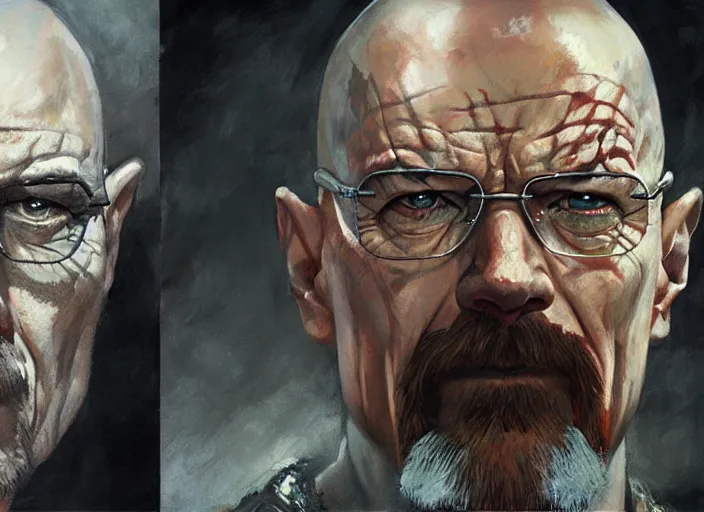 Image similar to a highly detailed beautiful portrait of walter white as kratos, by gregory manchess, james gurney, james jean