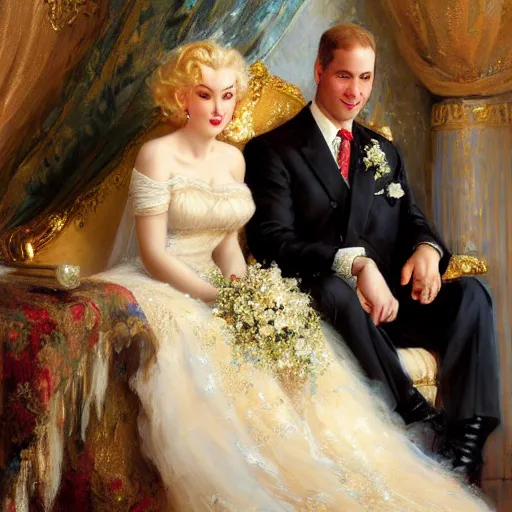 Image similar to detailed painting of prince william marrying attractive marilyn monroe, highly detailed painting by gaston bussiere, craig mullins, j. c. leyendecker 8 k, smiling couple, royal painting