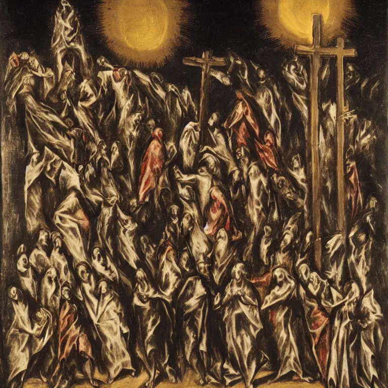 Prompt: A Holy Week procession of souls in a lush Spanish village at night. A figure at the front holds a cross. El Greco.