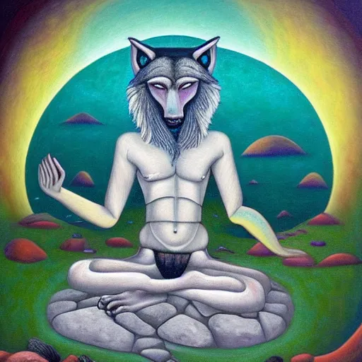 Image similar to an anthromorphic wolf man meditating in a zen garden, by amanda clark and amanda sage in a psychedelic style, oil on canvas