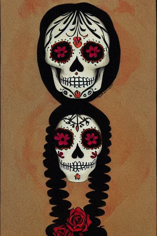 Prompt: Illustration of a sugar skull day of the dead girl, art by alphonse osbert