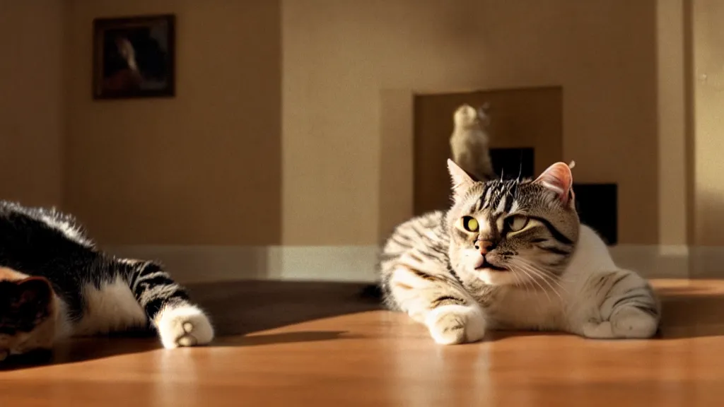 Image similar to an average american cat in the living room, film still from the movie directed by Denis Villeneuve with art direction by Salvador Dalí, wide lens