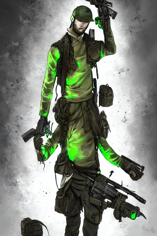 Prompt: a saboteur carrying multiple bombs and bullets in his body, green eyes, highly detailed, digital art, sharp focus, ambient glow, trending on art station, anime art style