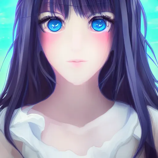 Image similar to (anime girl), blue symmetric eyes 24yo, studio, soft artistic filter, annie leibowit