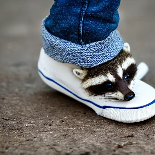 Prompt: a cute baby raccoon playing with a white sneaker shoe, strings undone, highly detailed, award winning, national geographic wildlife photo, bokeh, 5 0 mm f 1. 4, soft lighting