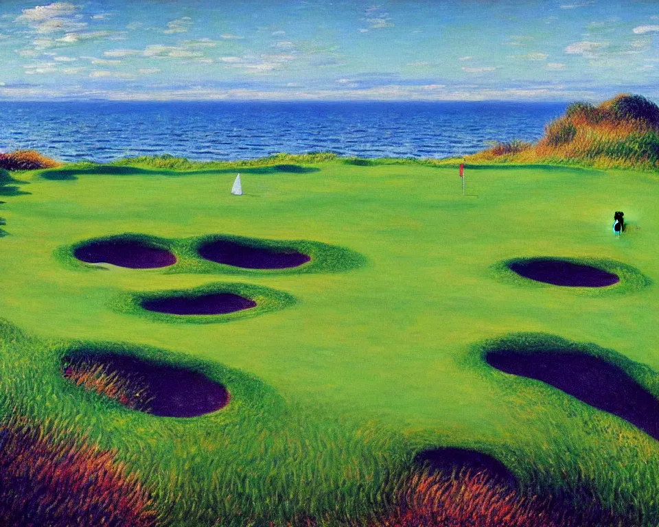 Image similar to achingly beautiful painting of bandon dunes golf course by rene magritte, monet, and turner.