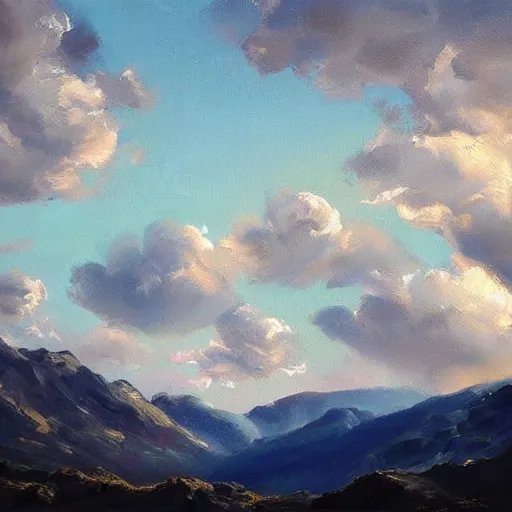 Image similar to a beutiful oil painting of a landscape, dramatic lighting, clouds in the sky, mountains