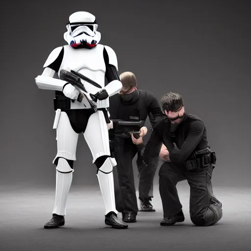 Image similar to 5 foot 1 0 fit man with short black beard and medium black well styled hair being captured by stormtroopers, highly detailed, high definition, ultra realistic