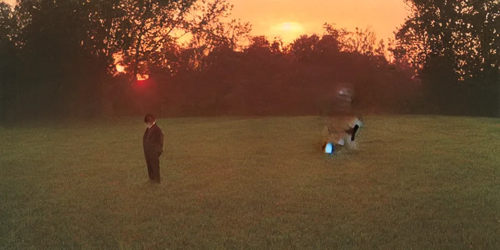 Prompt: a man sized frog person watching the sunset on his Ohio farm by Nan Goldin