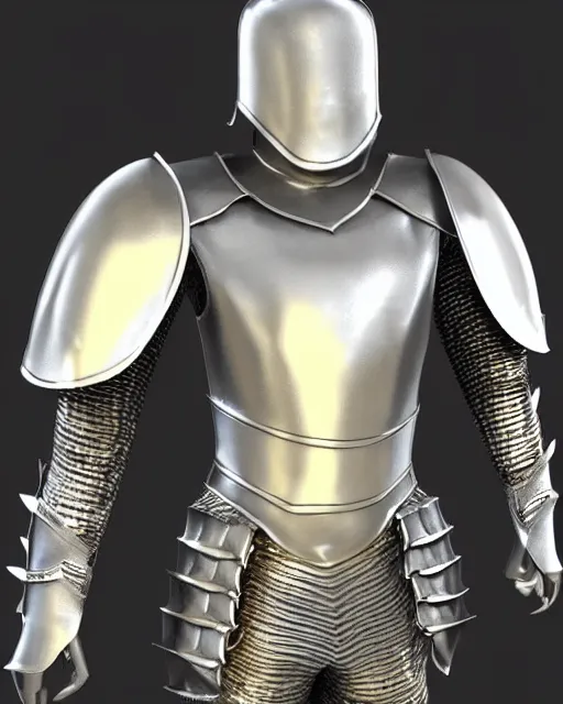 Image similar to suit of fantasy armor, shiny silver armor with gold trim, clean, flat shading, deviantart