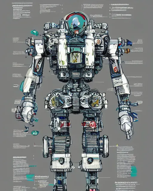 Image similar to beautiful schematic of an alien combat robot made of rocket and car engine parts, schematic, science fiction, illustration, intricate, highly detailed, studio ghibli color scheme