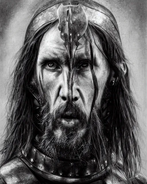 Prompt: realistic HD high detail portrait of !Kristian Elvind Espedal! aka !Gaahl! portrayed as a fearsome High Medieval High Fantasy blackguard. face and body. clad in black steel plate armour. wielding a two-handed battle-axe.