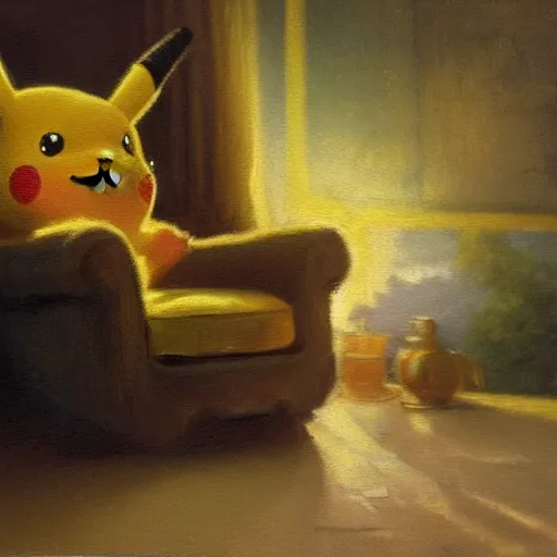 Prompt: detailed oil painting of pikachu sitting in an armchair in a room with the setting sun, by thomas kinkade, rembrandt, golden hour