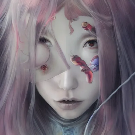 Image similar to 💀👨‍🚀 Portrait by Miho Hirano, Ross Tran and Ilya Kuvshinov, realistic, detailed, white, light pink tonalities, beautiful collage technique including flora, sea, wind, ornate sea background, beautiful Fantasy detailed trending on artstation, oil painting,Dramatic lighting, eterea , high quality print, fine art with subtle redshift rendering