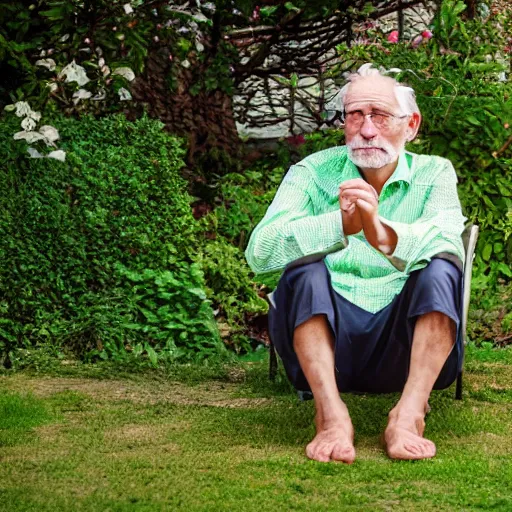 Image similar to mid white hair old man with green shirt and white short, sitting in ile de re house garden