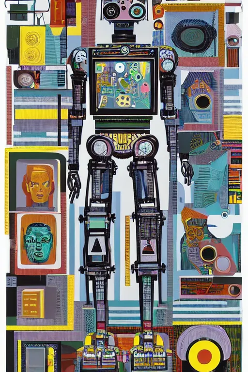 Prompt: a diagram of a robot body with various parts, cyberpunk art by eduardo paolozzi, behance contest winner, computer art, greeble, steampunk, poster art, james turrell, robert rauschenberg, andy warhol, pop art, czechoslovakia, surrealism, milton glaser, graphic design