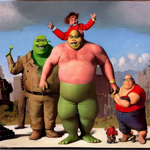 Prompt: portrait Carl Fredricksen wearing a shrek the ogre costume head eyes with yoked burly physique stands atop a skyscraper norman rockwell brad rigney winslow homer greg rutkowski stop-motion