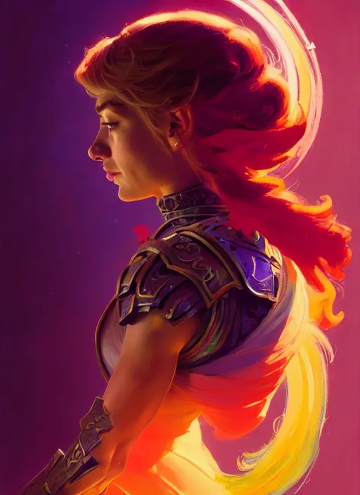 Prompt: side portrait, imogen poots, paladin, gloomhaven, colorful gaudy colors, luminescent, hard edges, organic painting, by greg manchess, huang guangjian, gil elvgren, greg rutkowski, jesper ejsing, magali villeneuve, artgerm, ilya kuvshinov