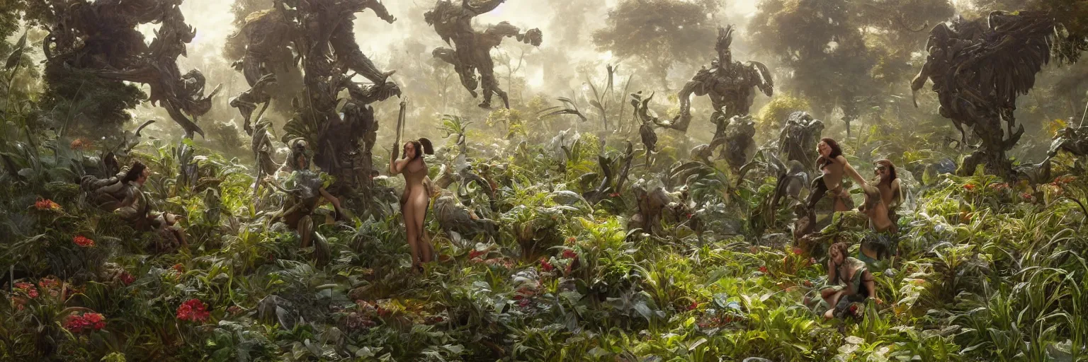 Image similar to an extremely detailed cinematic movie shot of a lush overgrown organic garden with an ornate futuristic suit of armor in the center, mossy ground, golden glow, masterpiece 4k digital illustration by Ruan Jia and Mandy Jurgens and Artgerm and william-adolphe bouguereau, highly detailed, trending on artstation, award winning