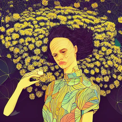 Image similar to closeup, huge daisy flower head, woman in modern apartment, surreal photography, dramatic light, by victo ngai by james jean, by rossdraws, frank franzzeta, mcbess