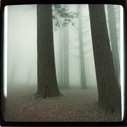 Image similar to impossibly large tree in a forest clearing reaching into the fog, night, old polaroid, expired film, megalophobia,