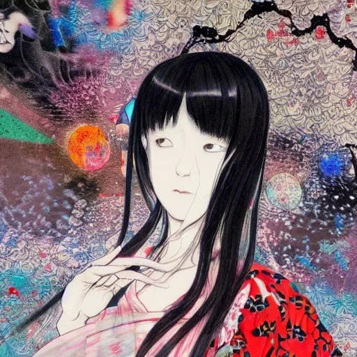 Image similar to yoshitaka amano blurred and dreamy realistic illustration of a young japanese woman with black eyes, wavy white hair fluttering in the wind wearing dress suit with tie, junji ito abstract patterns in the background, satoshi kon anime, noisy film grain effect, highly detailed, renaissance oil painting, weird portrait angle, blurred lost edges, three quarter view