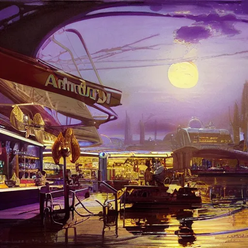 Prompt: painting of syd mead artlilery scifi organic shaped convenience store with ornate metal work lands on body of water, fossil ornaments, volumetric lights, purple sun, andreas achenbach