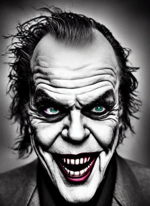 Image similar to photo of Jack Nicholson as the Joker with green hair by Lee Jeffries, smile, head shot, detailed, award winning, Sony a7R