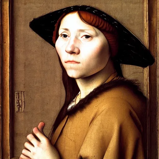 Image similar to study of a peasant girl by hans holbein the younger. hyperrealsim