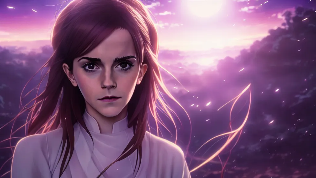 Image similar to medium portrait emma watson in heavens feel movie, detailed face, violet evergarden, tokyo, ufotable, key visual, cinematic, city background, night time, street, fate stay night, unlimited blade works, greg rutkowski, high resolution, street clothes, anime, high budget