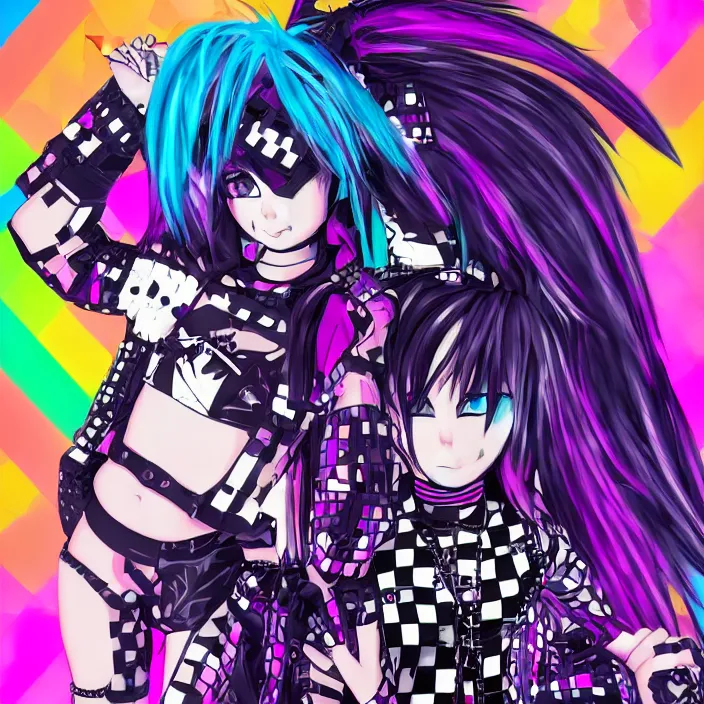 Image similar to maximalist emo anime girl, cybergoth, rainbowcore, vhs monster high, glitchcore witchcore, checkered spiked hair, pixiv