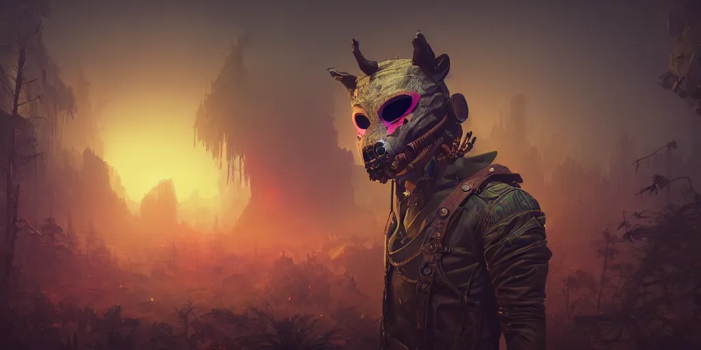 Image similar to woodsman wearing a steampunk and neonpunk mechanical fluorescent mystical animal mask in strange misty mountain landscape. fight with night monsters, night, realism in style of fornite game, 4 k, octane render, artwork by tooth wu and wlop and beeple and greg rutkowski, ambient occlusion