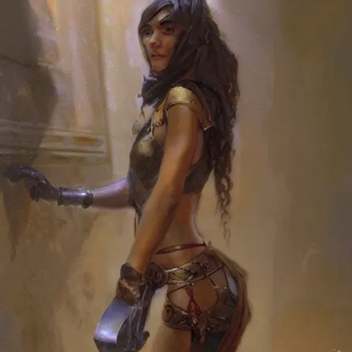 Prompt: a scrappy bronze age thief woman, looking around a corner, fantasy character portrait by gaston bussiere, craig mullins, greg rutkowski