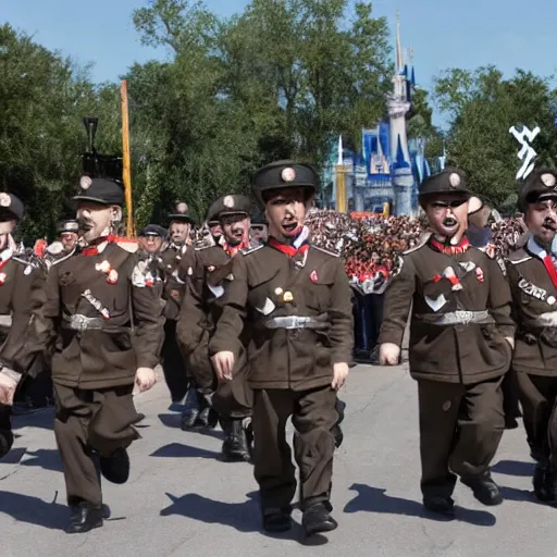 Image similar to nazi army marching through disney world, very coherent, scary