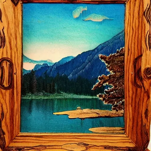 Prompt: lake surrounded by mountains :: very beautiful, dreamy, poetic, melancholy :: pyrography