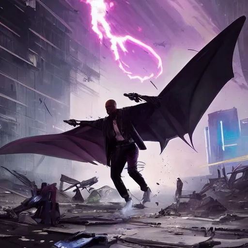 Image similar to mace windu fighting a group of pterodactyls in a destroyed cyberpunk city shooting lasers by greg rutkowski