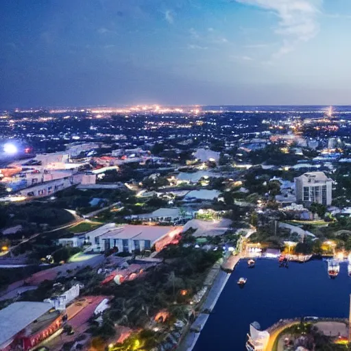 Image similar to an overview from 500 feet in the air of a small coastal Florida town at night, a still from an anime movie, clouds in the sky, downtown in the distance