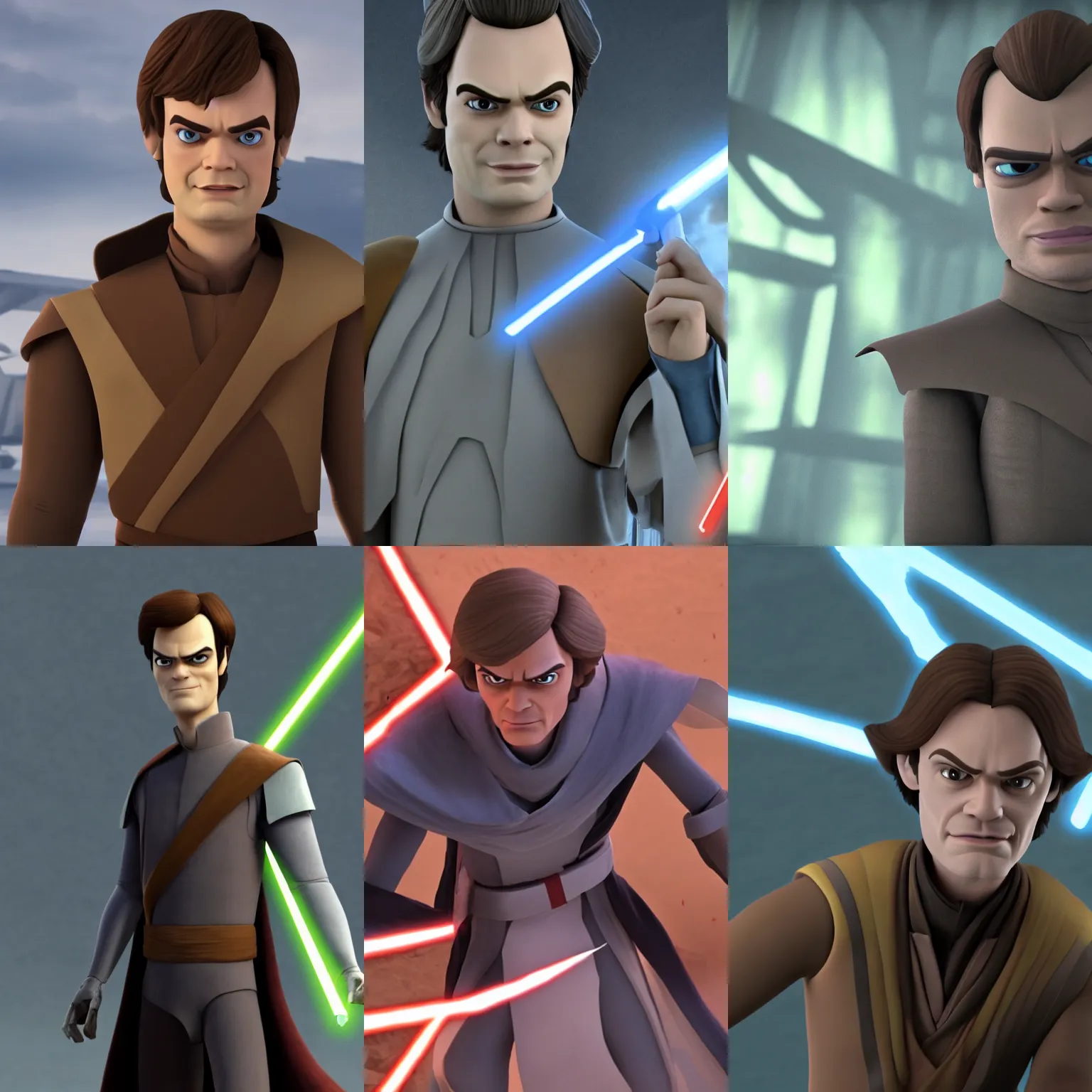 Prompt: still of Bill Hader as Anakin Skywalker in The Clone Wars, 3d animation, high quality, 4k