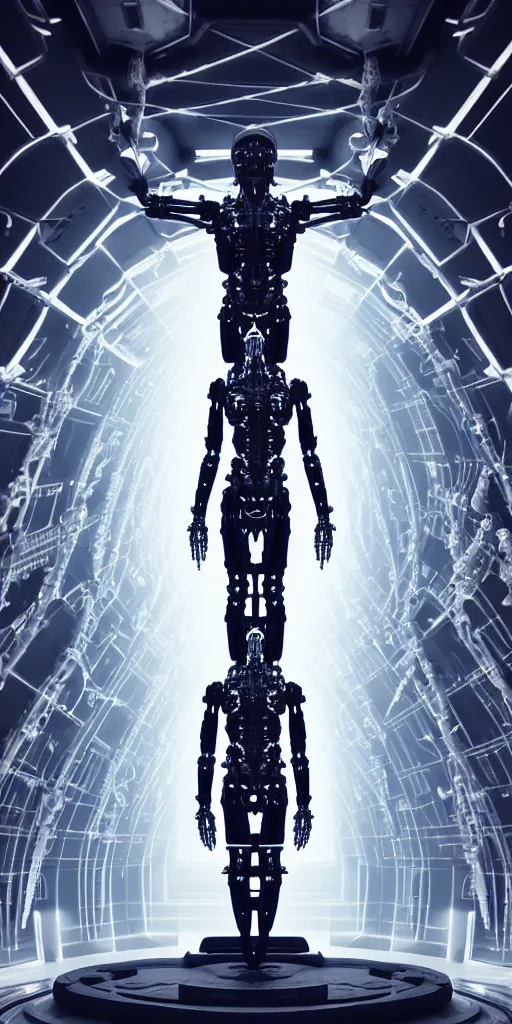 Image similar to high detailed dark space station interior a statue jesus on cross made of white marble, perfect symmetrical body, full body shot, inflateble shapes, wires, tubes, veins, jellyfish, white biomechanical details, wearing epic bionic cyborg implants, masterpiece, intricate, biopunk, vogue, highly detailed, artstation, concept art, cyberpunk, octane render