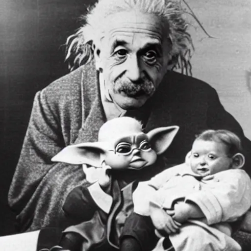 Image similar to photo of Einstein teaching baby Yoda mathematics
