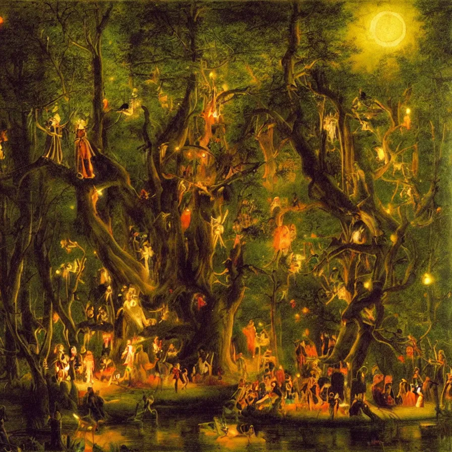 Image similar to a night carnival around a magical tree cavity, with a surreal orange moonlight and fireworks in the background, next to a lake with iridiscent water, christmas lights, folklore animals and people disguised as fantastic creatures in a magical forest by summer night, masterpiece painted by paul delaroche, dark night environment