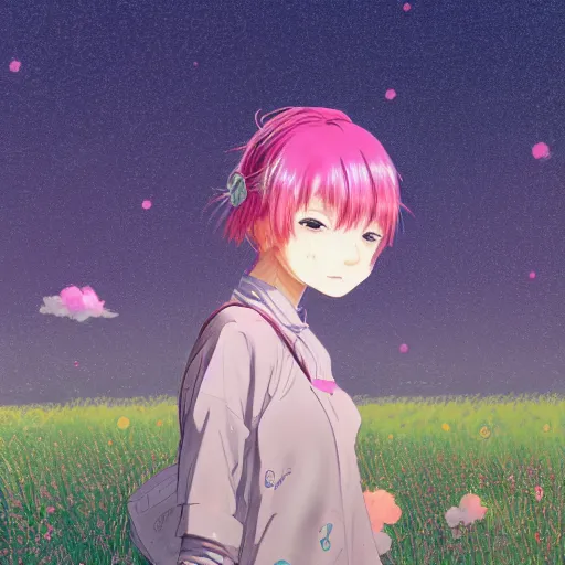 Image similar to a super detailed moe protagonist girl with pink hair in a field by inio asano, beeple and james jean, aya takano color style, 4 k, super detailed, night sky, digital art, digital painting, celestial, majestic, colorful