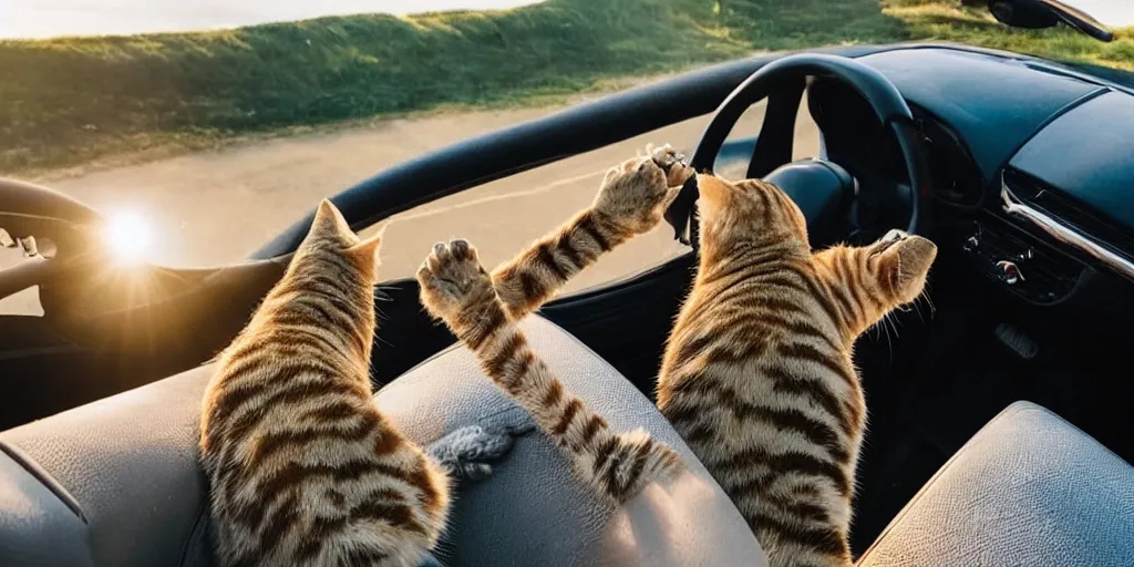 Prompt: birds eye view of convertible, cat homies chilling in car, paws on steering wheel, golden hour, clear sky