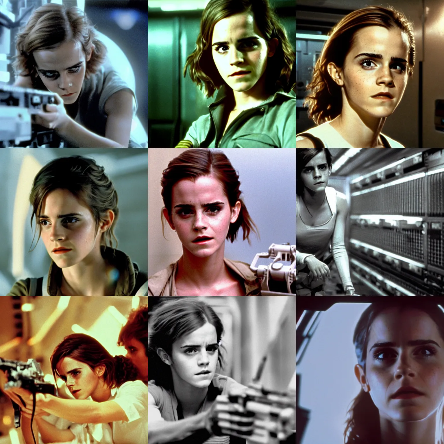 Prompt: film still of Emma Watson as Ripley in final scene scene in Alien 1979, 4k